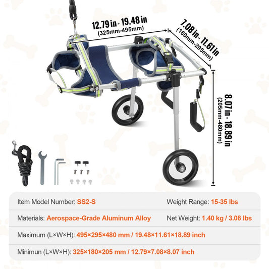 SS2-S - Lightweight 3lbs Adjustable Dog Wheelchair for Mobility and Comfort