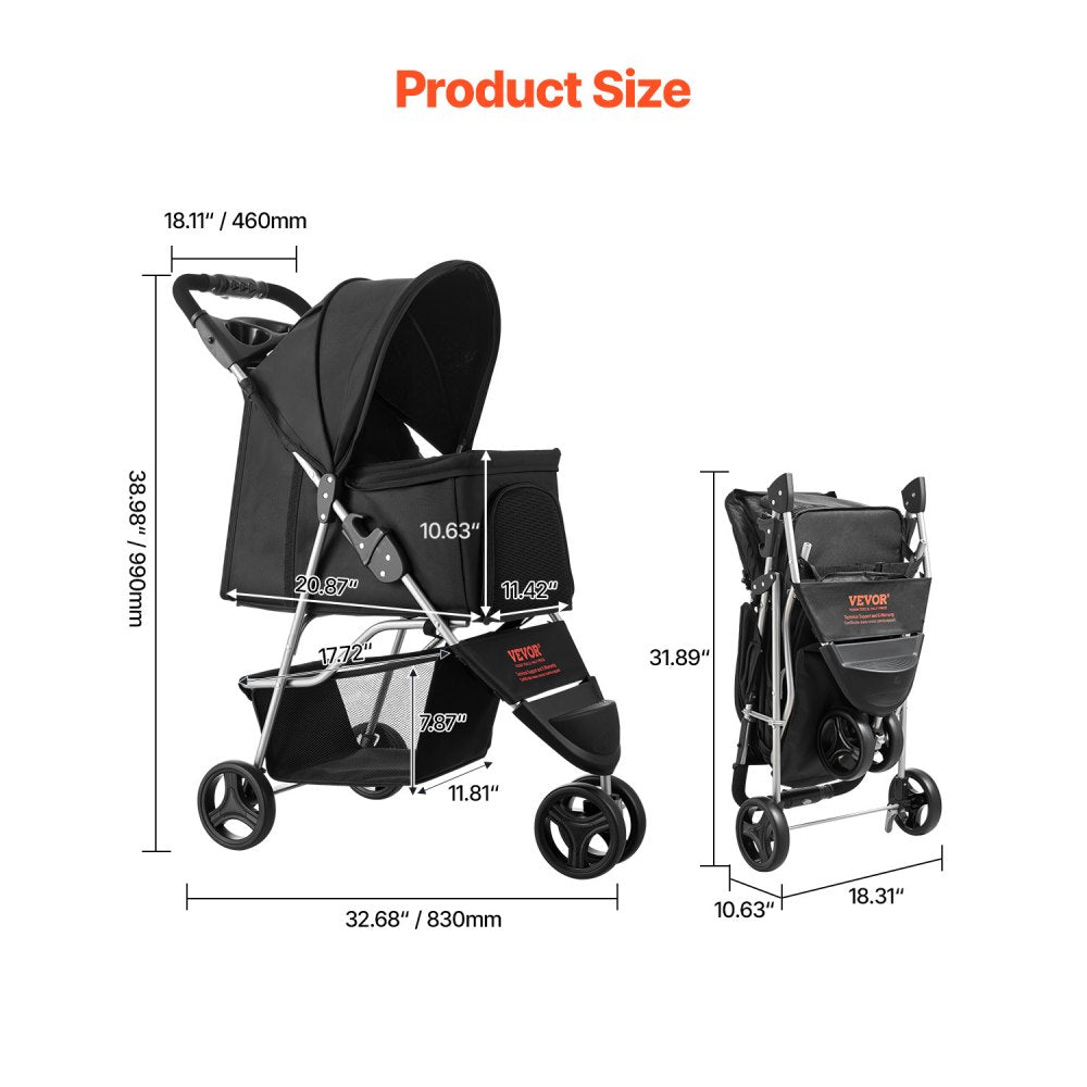 GS301 - Foldable 3-Wheel Pet Stroller with Mesh Windows, Supports 35lbs