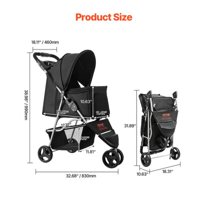 GS301 - Foldable 3-Wheel Pet Stroller with Mesh Windows, Supports 35lbs