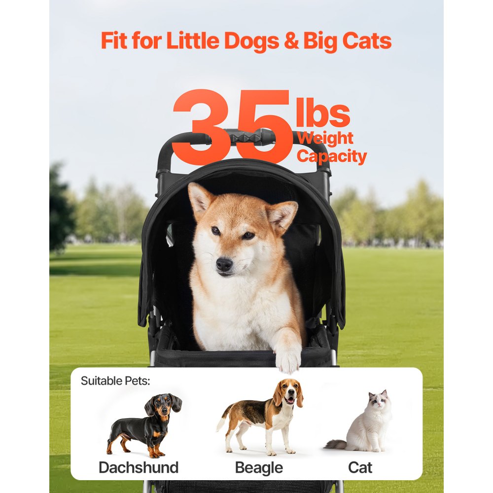 GS301 - Foldable 3-Wheel Pet Stroller with Mesh Windows, Supports 35lbs