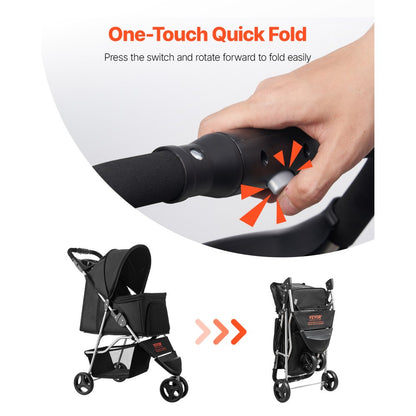 GS301 - Foldable 3-Wheel Pet Stroller with Mesh Windows, Supports 35lbs