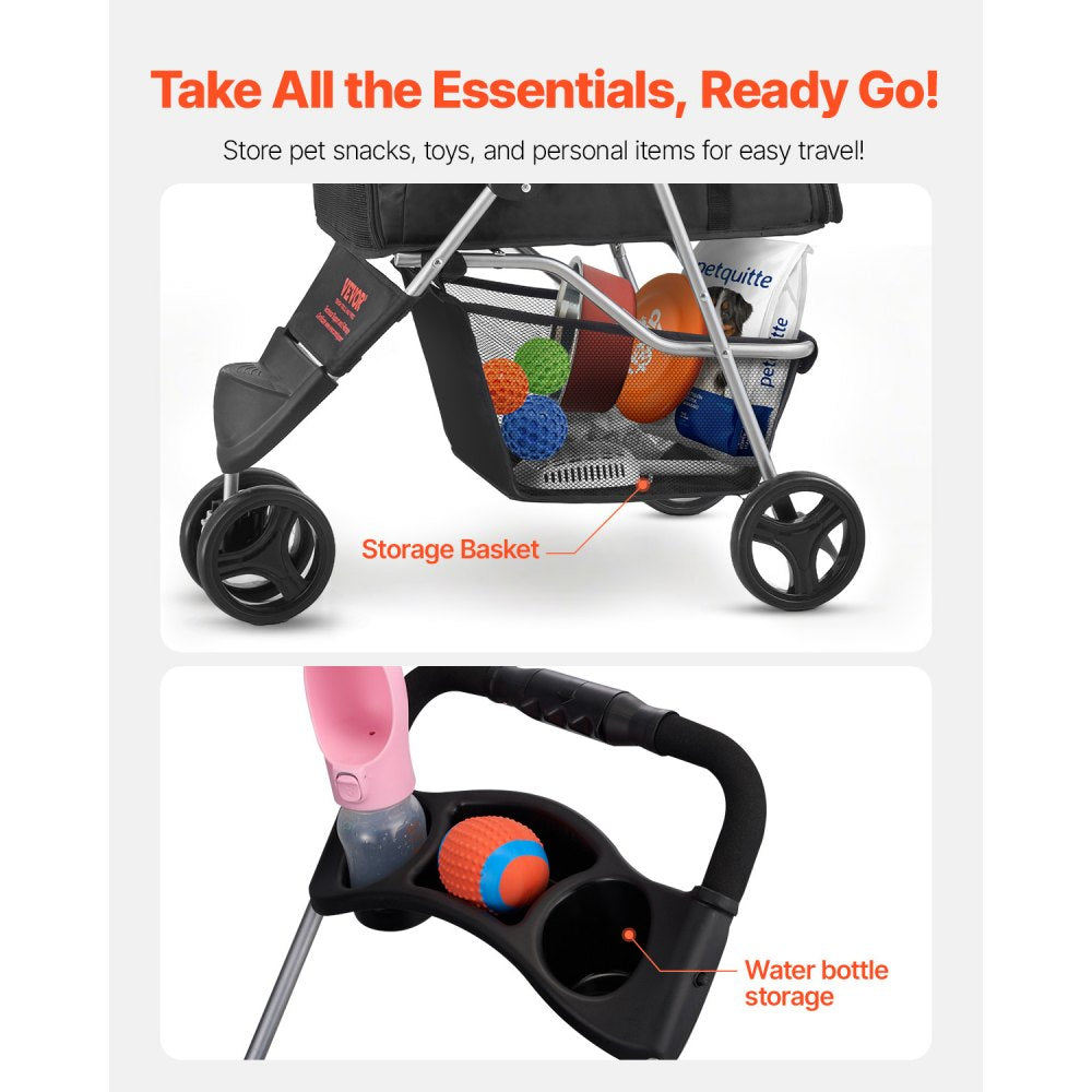 GS301 - Foldable 3-Wheel Pet Stroller with Mesh Windows, Supports 35lbs