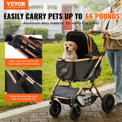 G10A - Stylish 4-Wheel Pet Stroller with Retractable Canopy for 66 lbs Pets