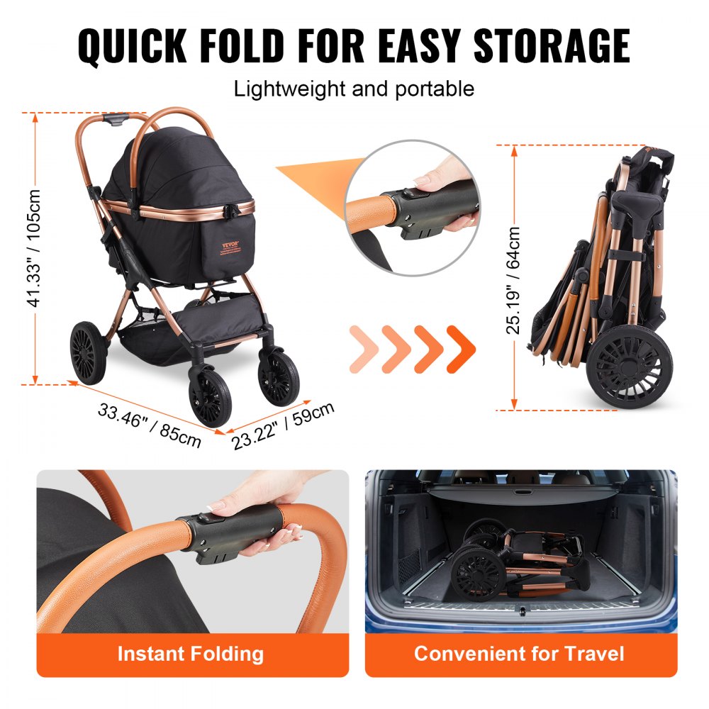 G10A - Stylish 4-Wheel Pet Stroller with Retractable Canopy for 66 lbs Pets