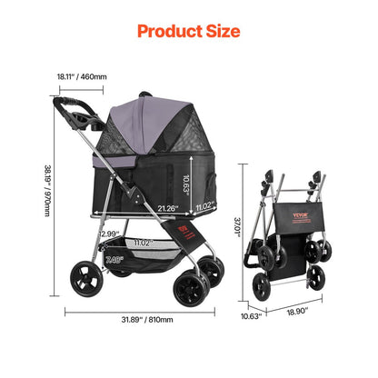 GS302 - 600D Oxford Pet Stroller, 35lbs Capacity, 4 Wheels