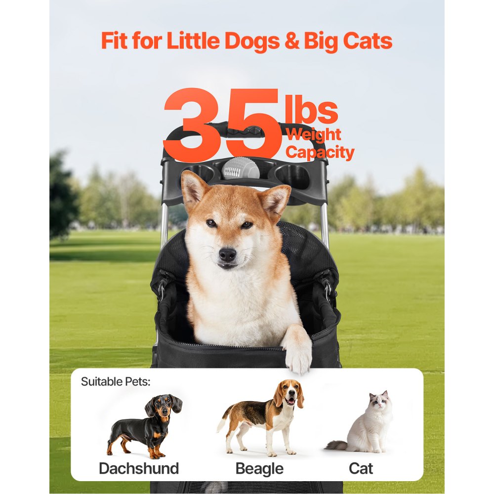 GS302 - 600D Oxford Pet Stroller, 35lbs Capacity, 4 Wheels