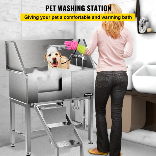 VV-PET34SSZKM - Durable 201 Stainless Steel Dog Grooming Tub with Adjustable Sprayer