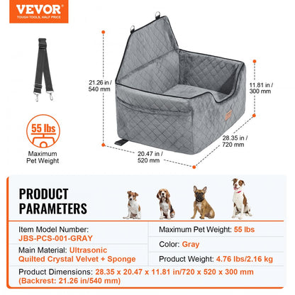 JBS-PCS-001-GRAY - Comfortable Dog Booster Car Seat for Pets up to 55 lbs
