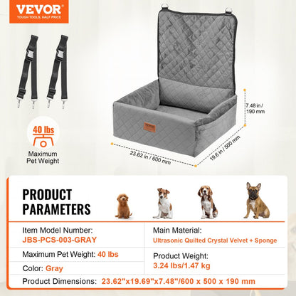 JBS-PCS-003-GRAY - Elevated Dog Car Seat for Dogs Up to 40 lbs