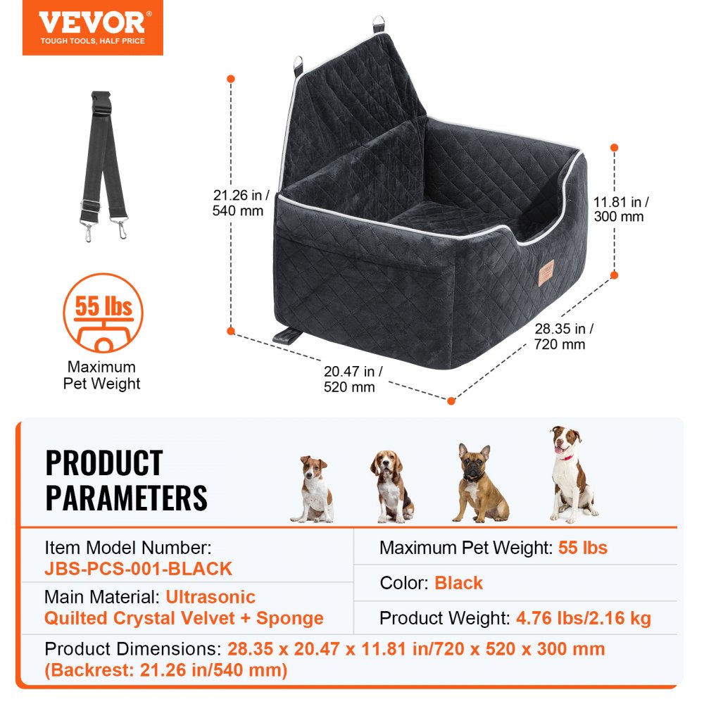 JBS-PCS-001-BLACK - Comfortable Dog Booster Car Seat for Pets up to 55 lbs