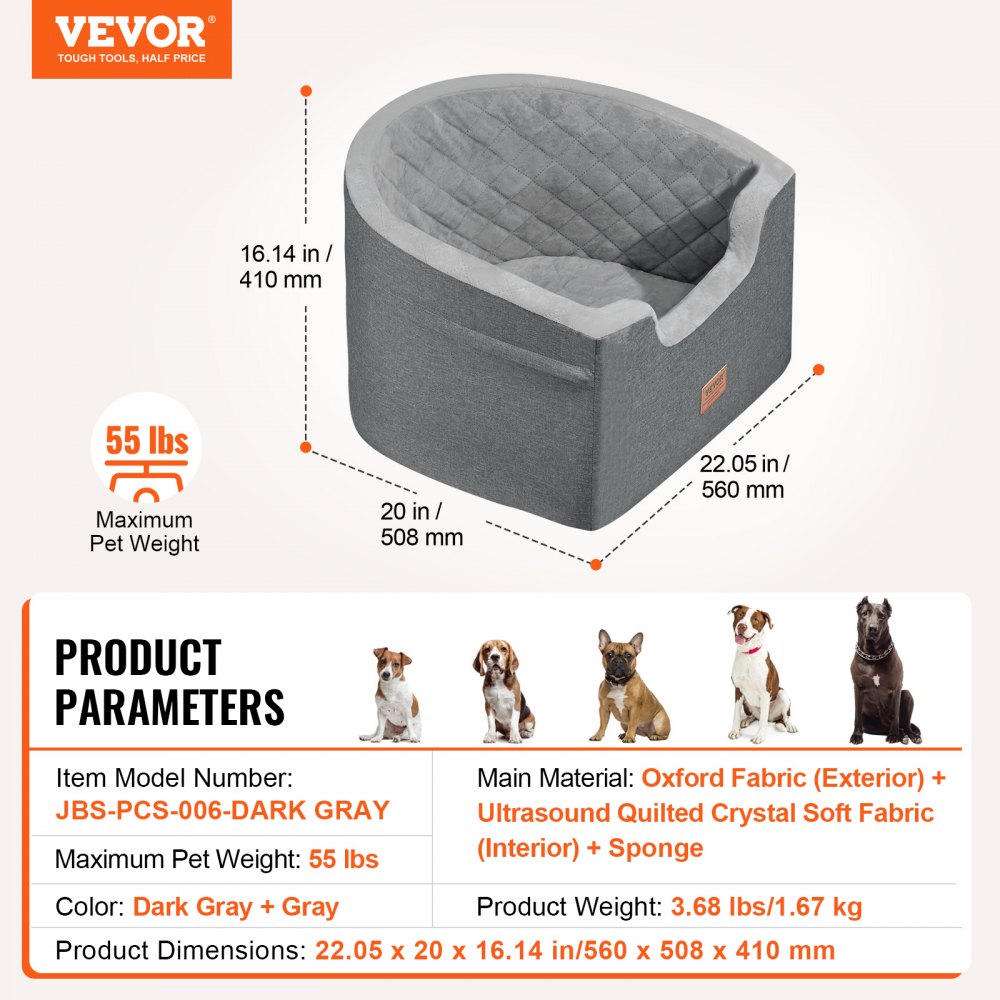 JBS-PCS-006-DARK GRAY - Comfortable Dog Booster Car Seat for Pets up to 55 lbs