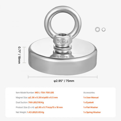 MG L-75A-700 LBS - 700 LBS Neodymium Fishing Magnet for Underwater Retrieval