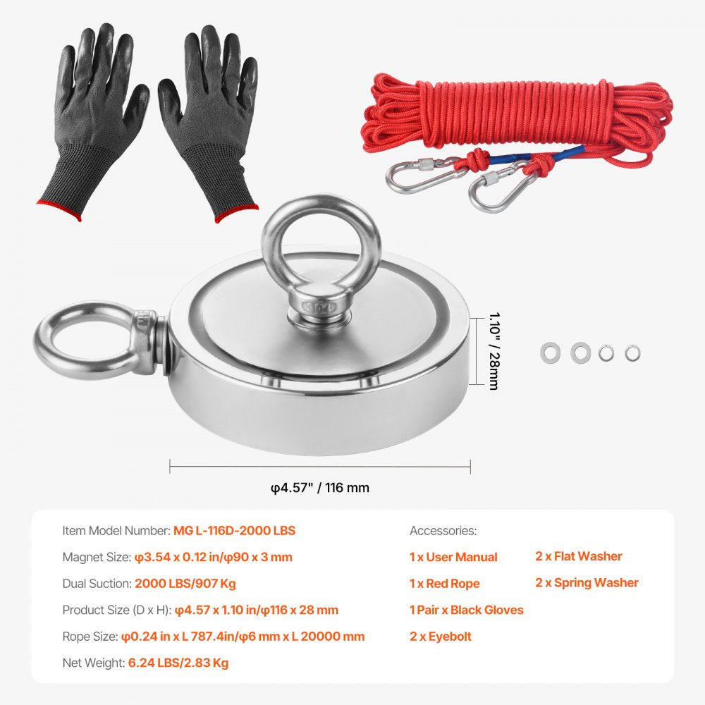 MG L-116D-2000 LBS - 2000 LBS Neodymium Fishing Magnet with Accessories