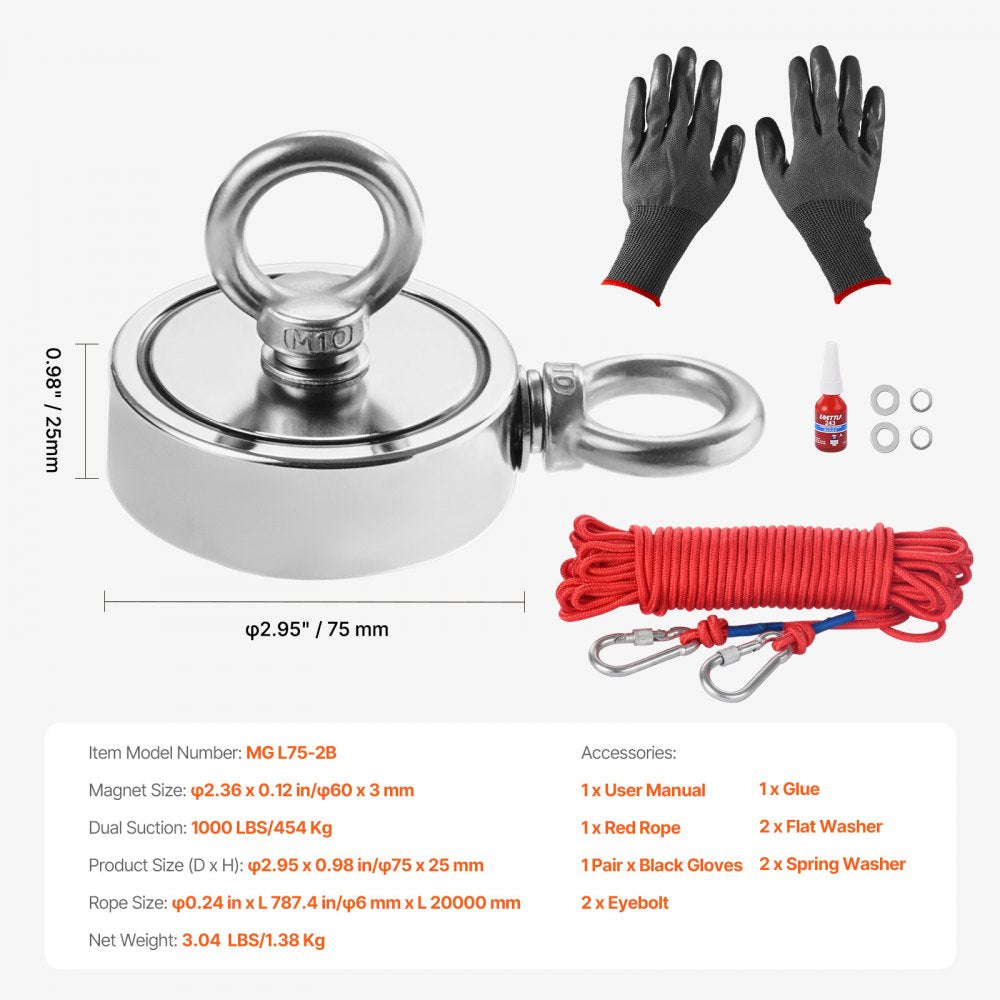 MG L75-2B - 1000 LB Neodymium Fishing Magnet Kit with Accessories