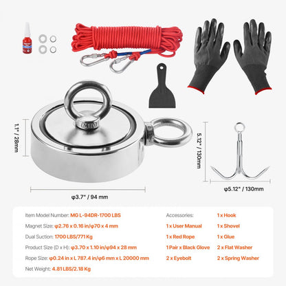 MG L-94DR-1700 LBS - Powerful 1700 LBS Neodymium Fishing Magnet Kit