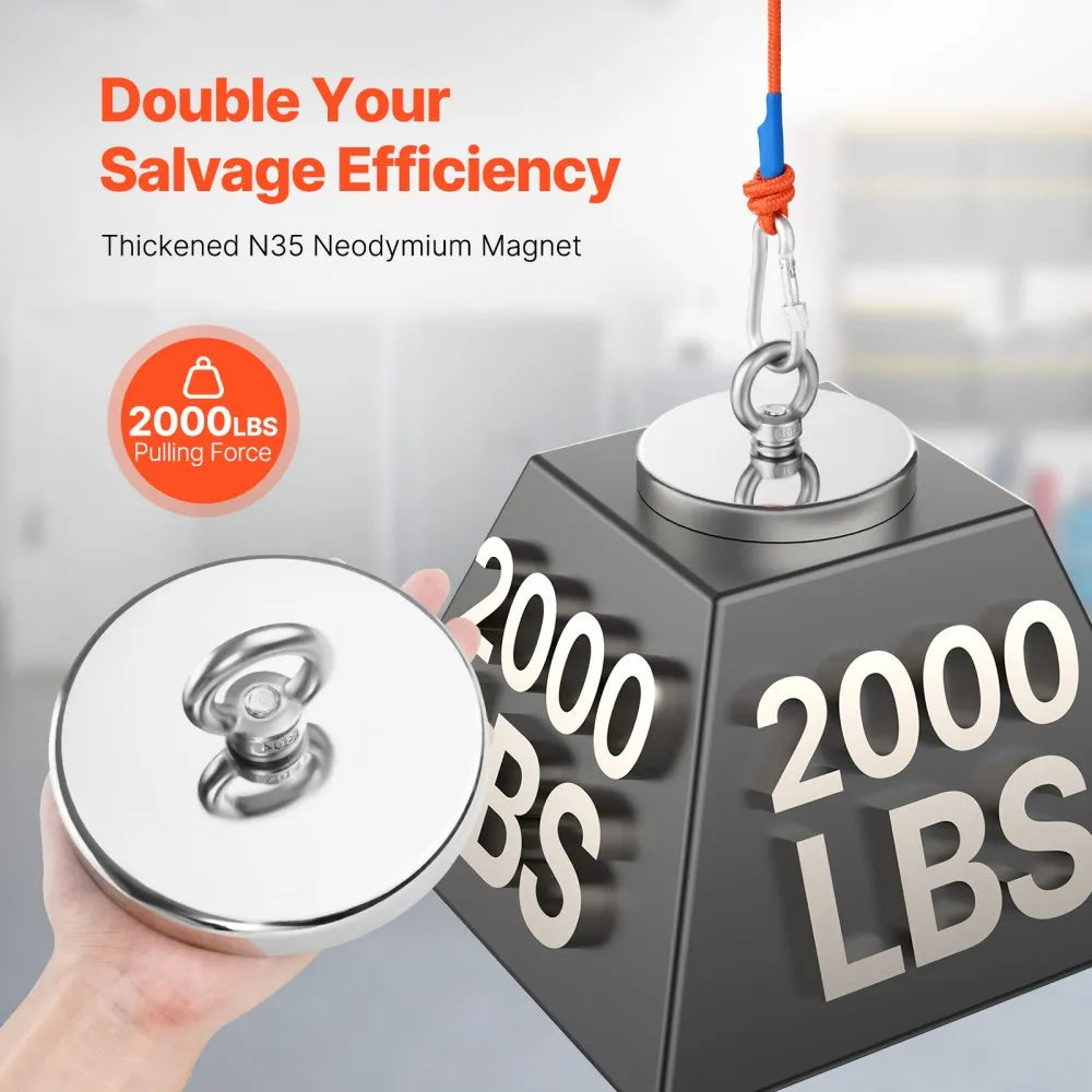 MG L-136A-2000 LBS - Durable 2000 LBS Neodymium Fishing Magnet Kit with Accessories