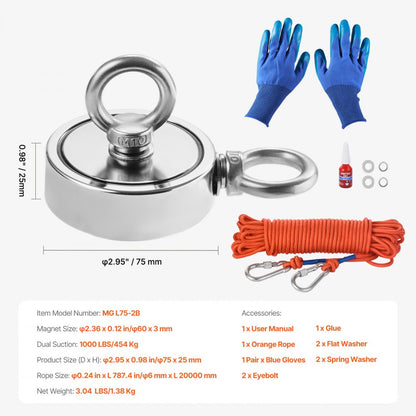 MG L75-2B - 1000 LBS Double-Sided Fishing Magnet Kit with Accessories