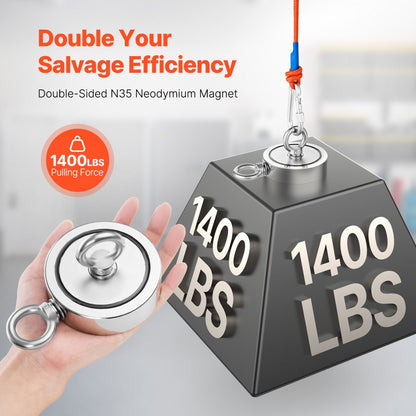 MGL-94D-1400 LBS - 1400 LBS Neodymium Fishing Magnet Kit with Accessories