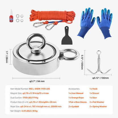 MG L-94DR-1700 LBS - 1700 LBS Neodymium Fishing Magnet Kit with Accessories