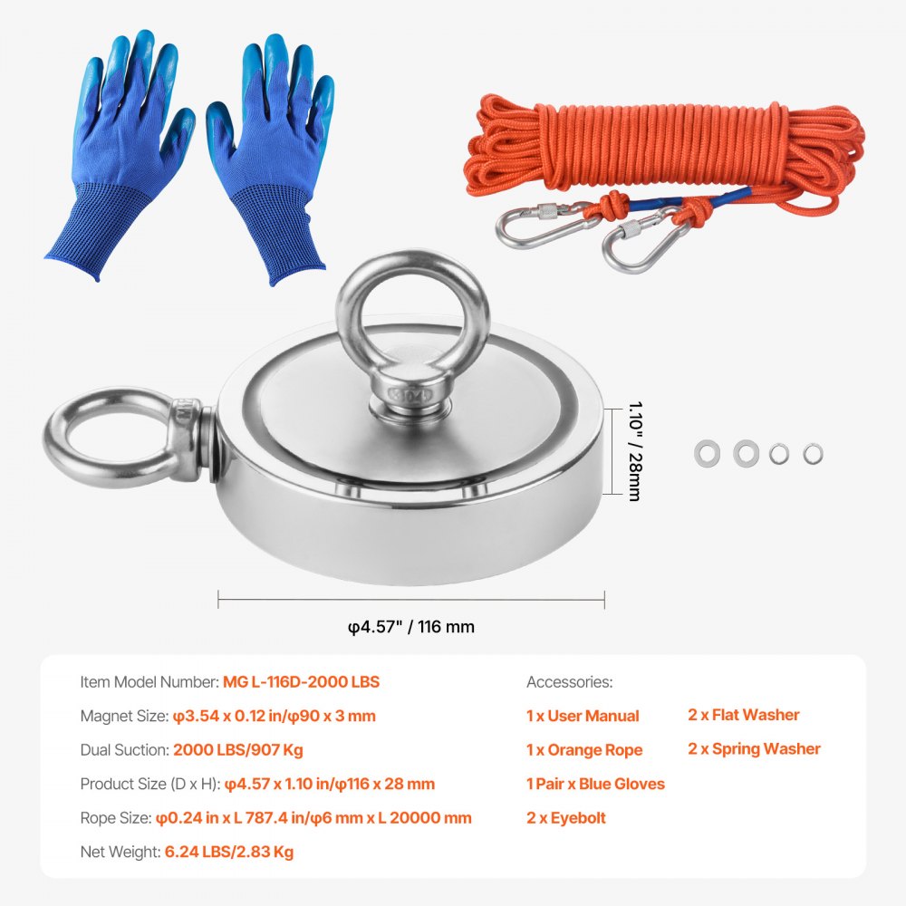 MG L-116D-2000 LBS - 2000 LBS Neodymium Fishing Magnet Kit with Accessories
