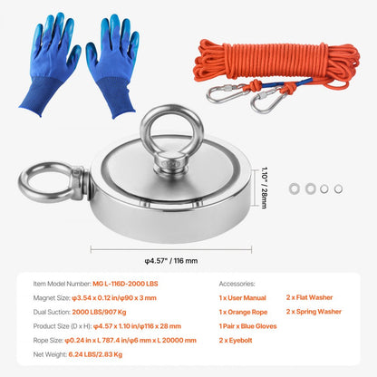 MG L-116D-2000 LBS - 2000 LBS Neodymium Fishing Magnet Kit with Accessories