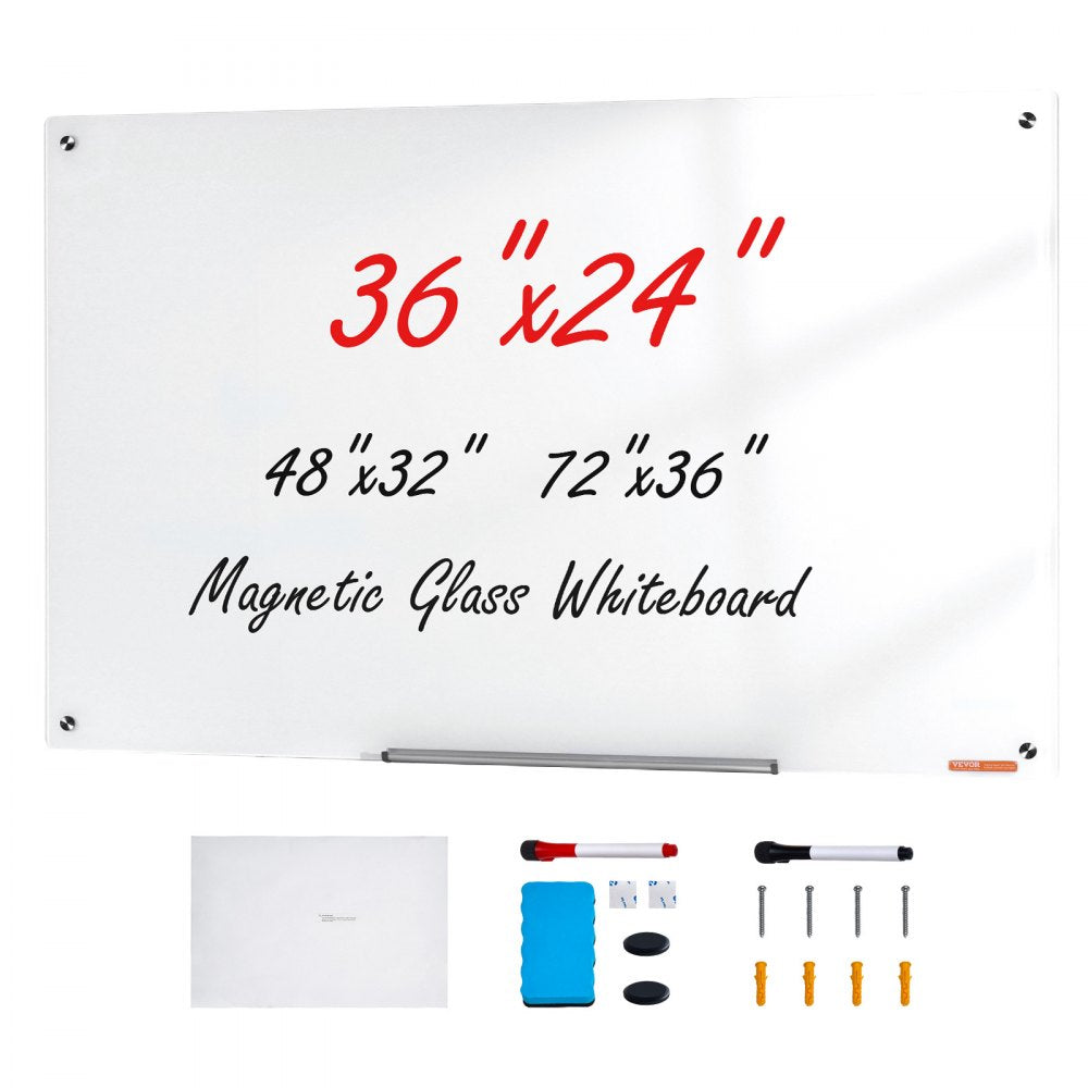 GB-2436-MW - 36" x 24" Frameless Magnetic Glass Whiteboard with Accessories