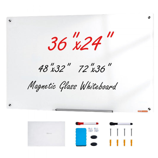 GB-2436-MW - 36" x 24" Frameless Magnetic Glass Whiteboard with Accessories