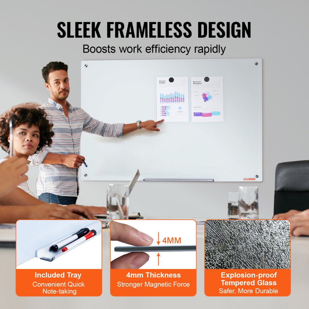 GB-3248-MW - Frameless 48" Magnetic Glass Whiteboard for Elegant Workspaces