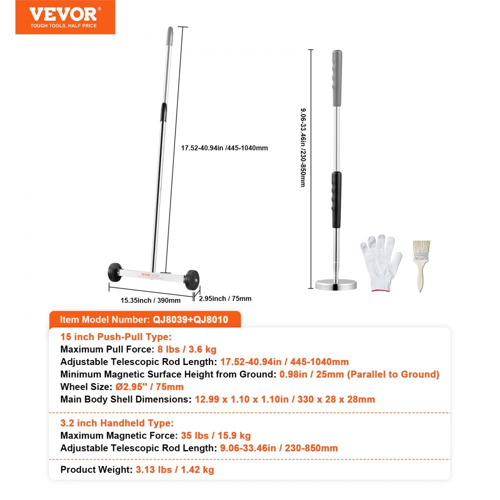 QJ8039+QJ8010 - 15" Magnetic Sweeper & Telescoping Tool for Efficient Cleanup