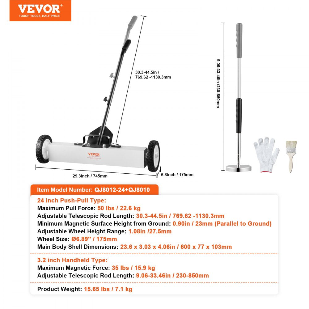 QJ8012-24+QJ8010 - 24-Inch VEVOR Magnetic Sweeper with Telescoping Handle and Wheels