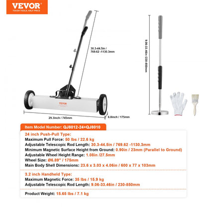 QJ8012-24+QJ8010 - 24-Inch VEVOR Magnetic Sweeper with Telescoping Handle and Wheels