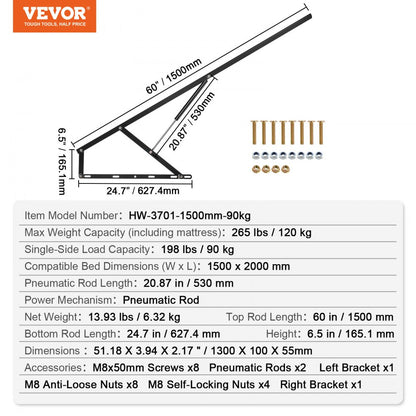 HW-3701-1500mm-90kg - 59x79" Wall Bed Lift Kit for Easy Storage