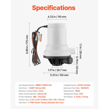 NMBP1-G1600-01A - 12V Submersible Livewell Pump, 1600 GPH Flow Rate