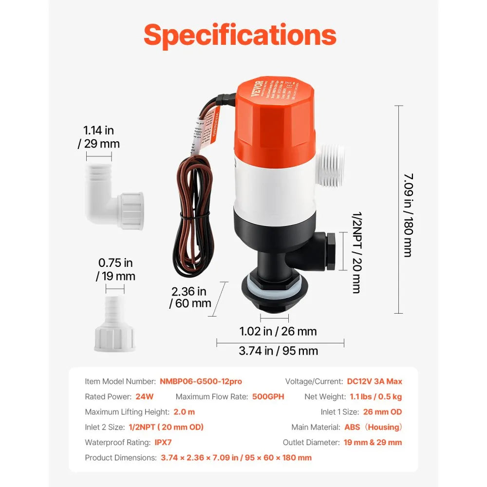 NMBP06-G500-12pro - Durable Livewell Pump 500 GPH for Boats