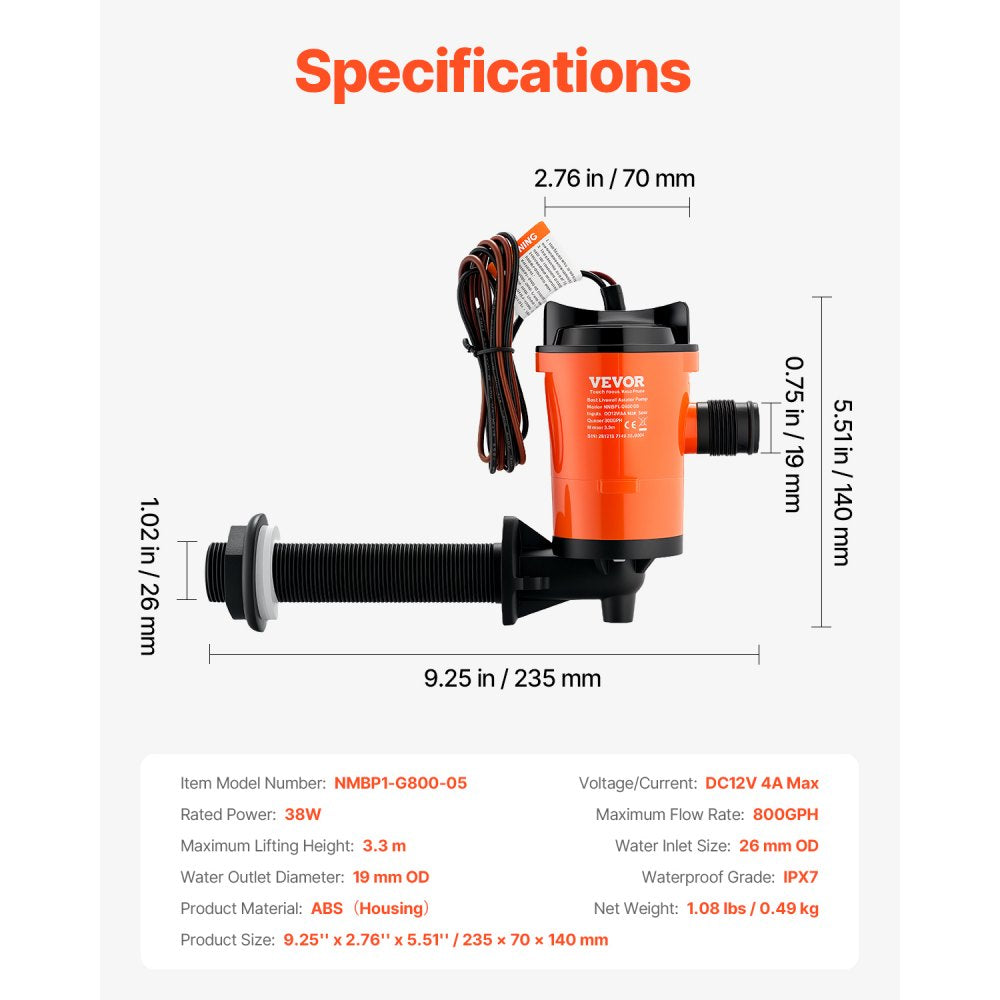 NMBP1-G800-05 - 12V 800 GPH Livewell Pump for Boats with Easy Install