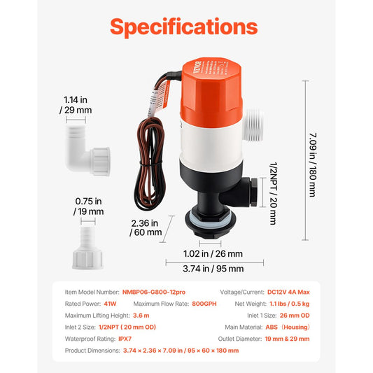 NMBP06-G800-12pro - 800 GPH Livewell Pump for Boats with Dual Inlets