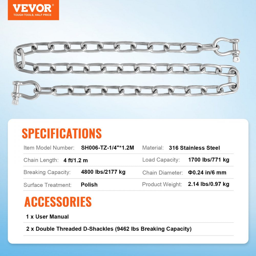SH006-TZ-1/4" x 4' Heavy-Duty VEVOR Boat Anchor Chain