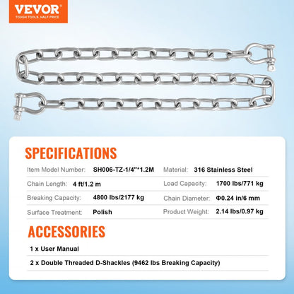 SH006-TZ-1/4" x 4' Heavy-Duty VEVOR Boat Anchor Chain