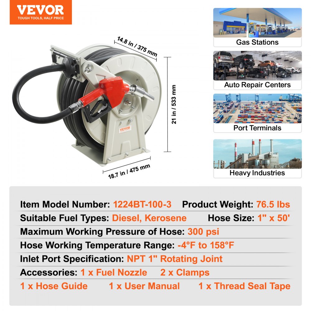 1224BT-100-3 - Heavy-Duty 1" x 50' Fuel Hose Reel with Automatic Nozzle