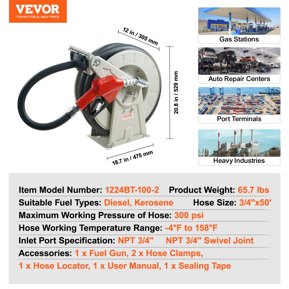 1224BT-100-2 - VEVOR 3/4" x 50' Durable Fuel Hose Reel with Automatic Nozzle