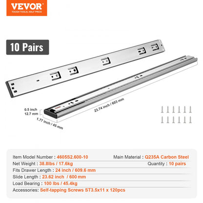 4605S2.600-10 - 24" Heavy-Duty Drawer Slides with Soft-Close Mechanism