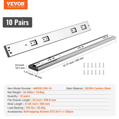 4605S2.550-10 - 22" Soft-Close Drawer Slides with Smooth Ball-Bearing Operation