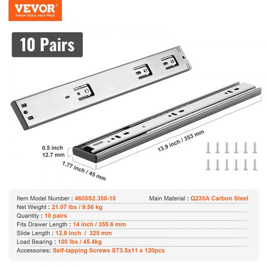 4605S2.350-10 - Durable 14-Inch Drawer Slides, 100 Lbs, Full Extension, 10 Pairs