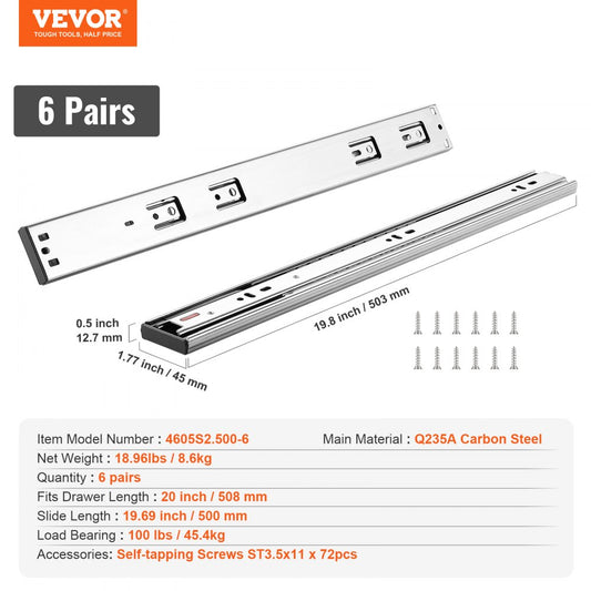 4605S2.500-6 - Heavy-Duty 20" Drawer Slides for Maximum Storage Access