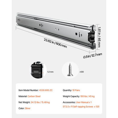 4530.600.ZC - 24" Silent Full Extension Drawer Slides, 100lbs Capacity