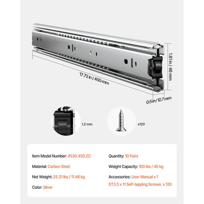 4530.450.ZC - Heavy-Duty 18" Drawer Slides, Galvanized Steel, 100 lbs Capacity