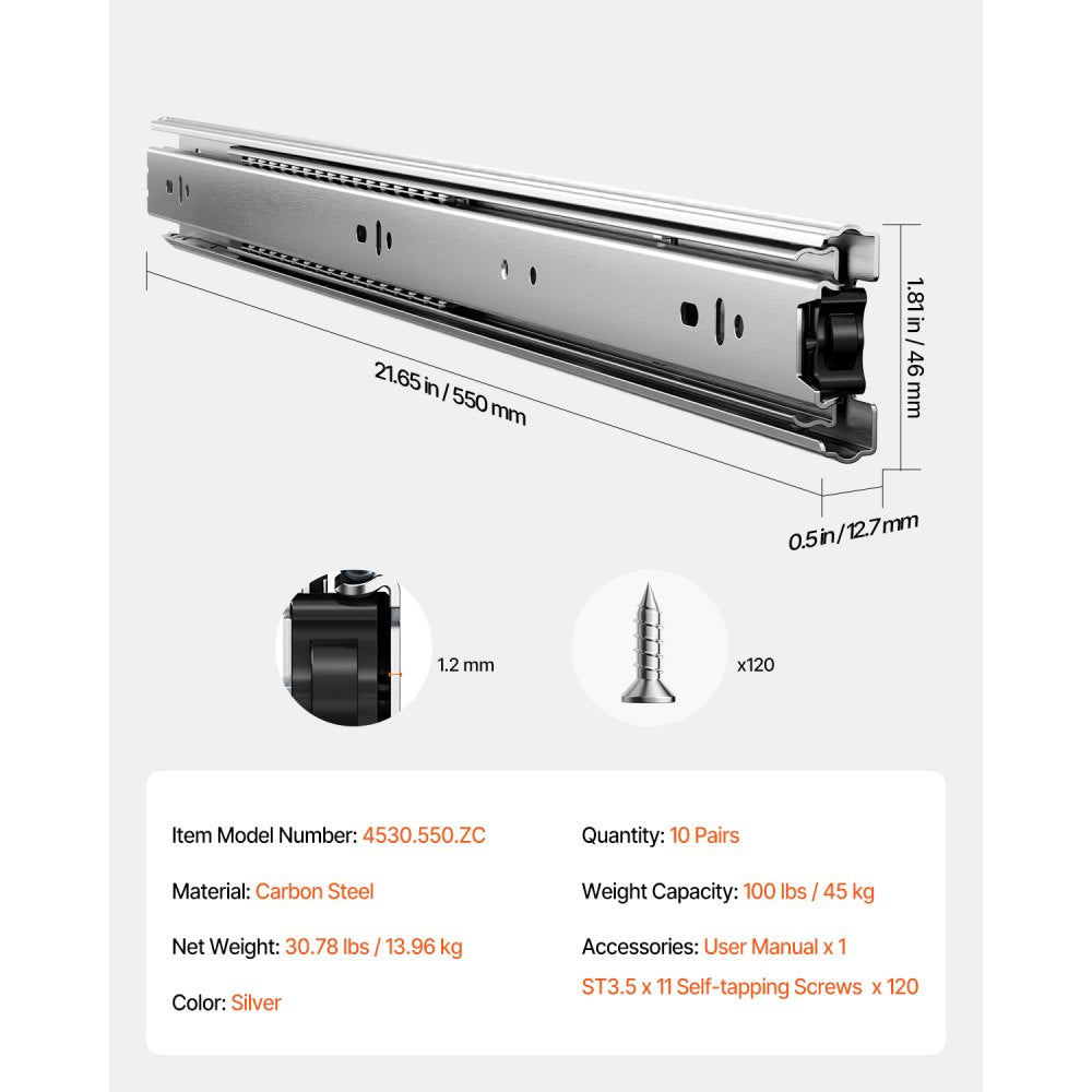 4530.550.ZC - Heavy-Duty 22" Side Mount Drawer Slides, 100lbs Capacity