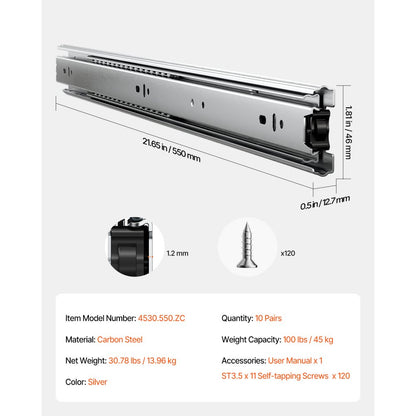 4530.550.ZC - Heavy-Duty 22" Side Mount Drawer Slides, 100lbs Capacity