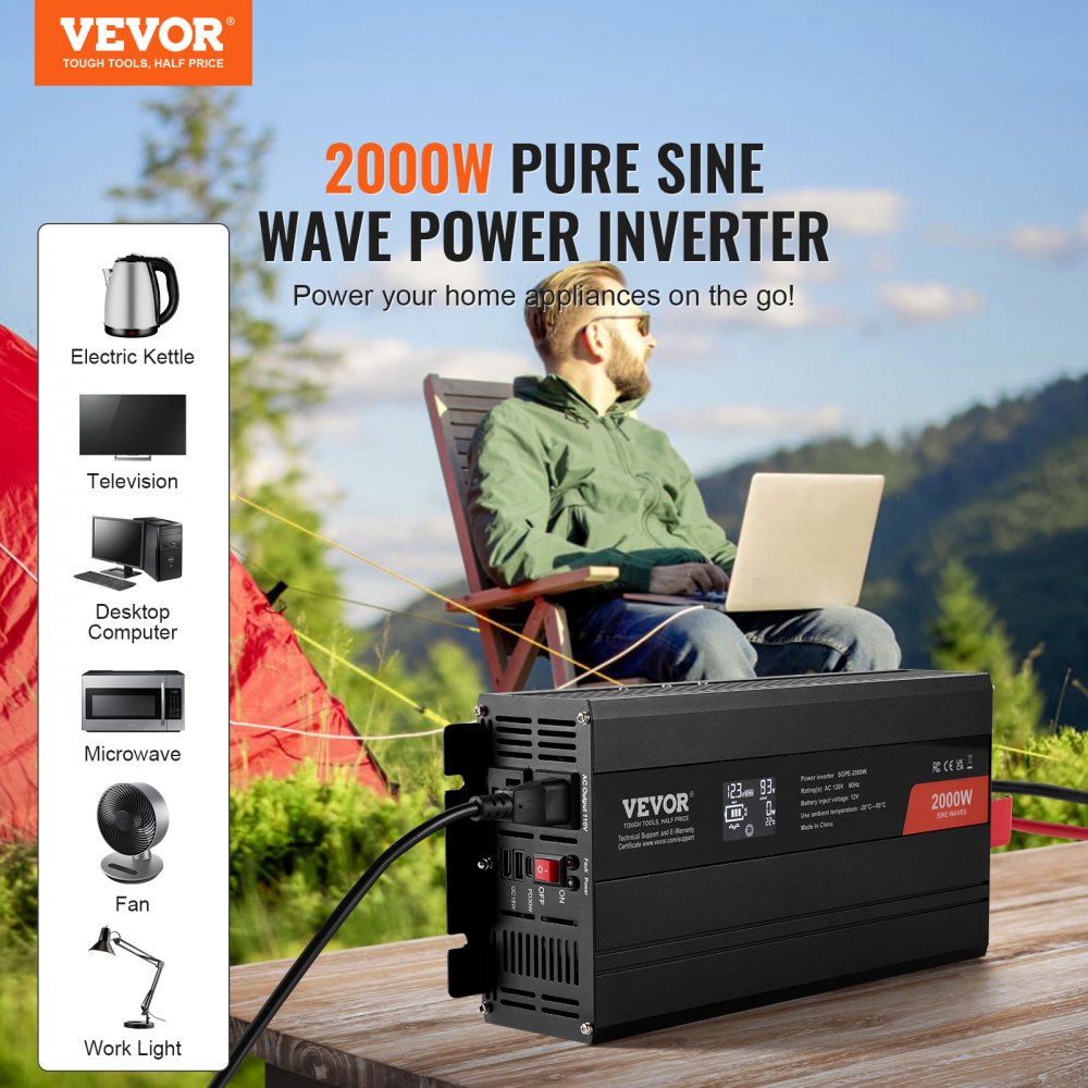 SGPE-2000W - 2000W VEVOR Pure Sine Wave Inverter with 2 AC & USB Ports