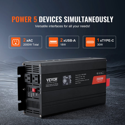SGPE-2000W - 2000W VEVOR Pure Sine Wave Inverter with 2 AC & USB Ports